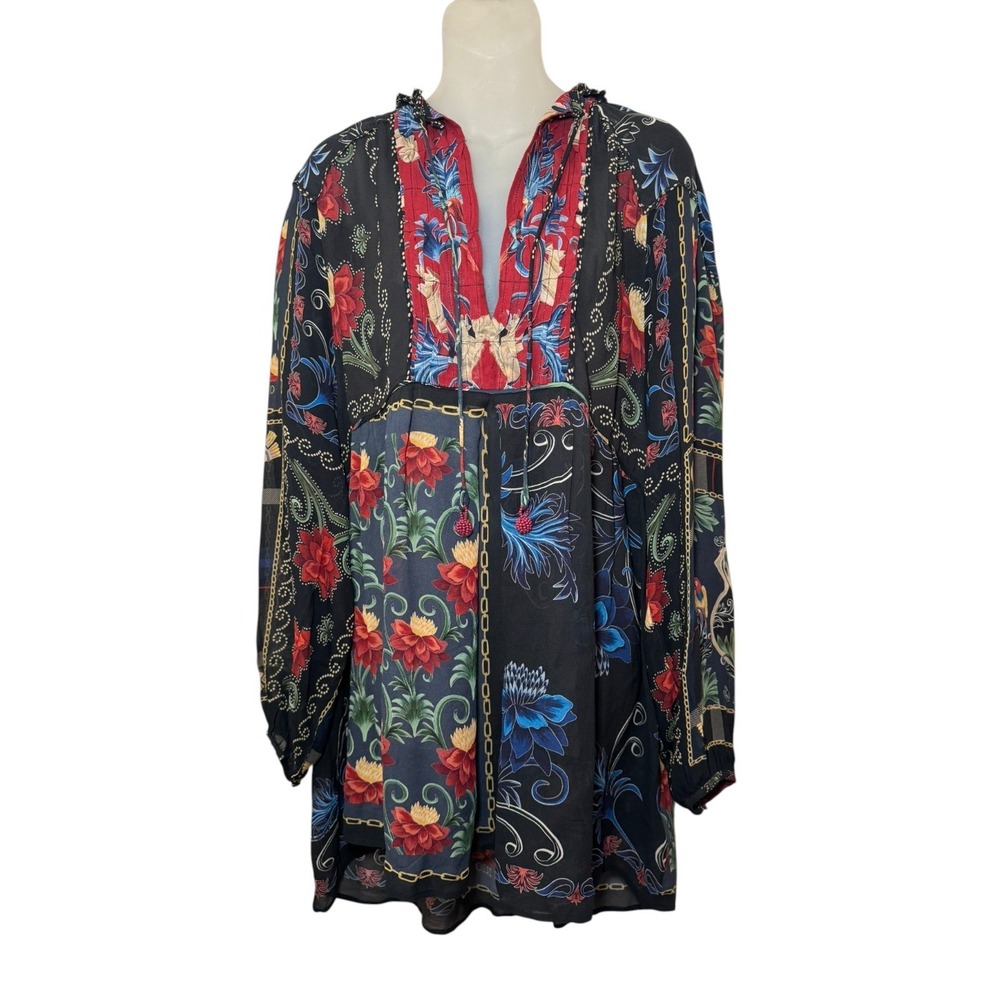 Farm Rio Arabesque Mixed Scarf Print Mini Dress Long Sleeve Black Size M